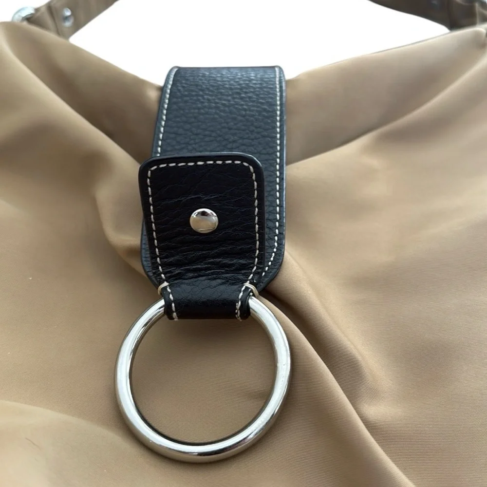 Talbots Tan And Black Trim Nylon And Leather Soft Hobo Bag